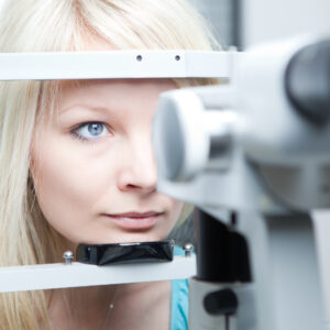 young woman having her eyes examined